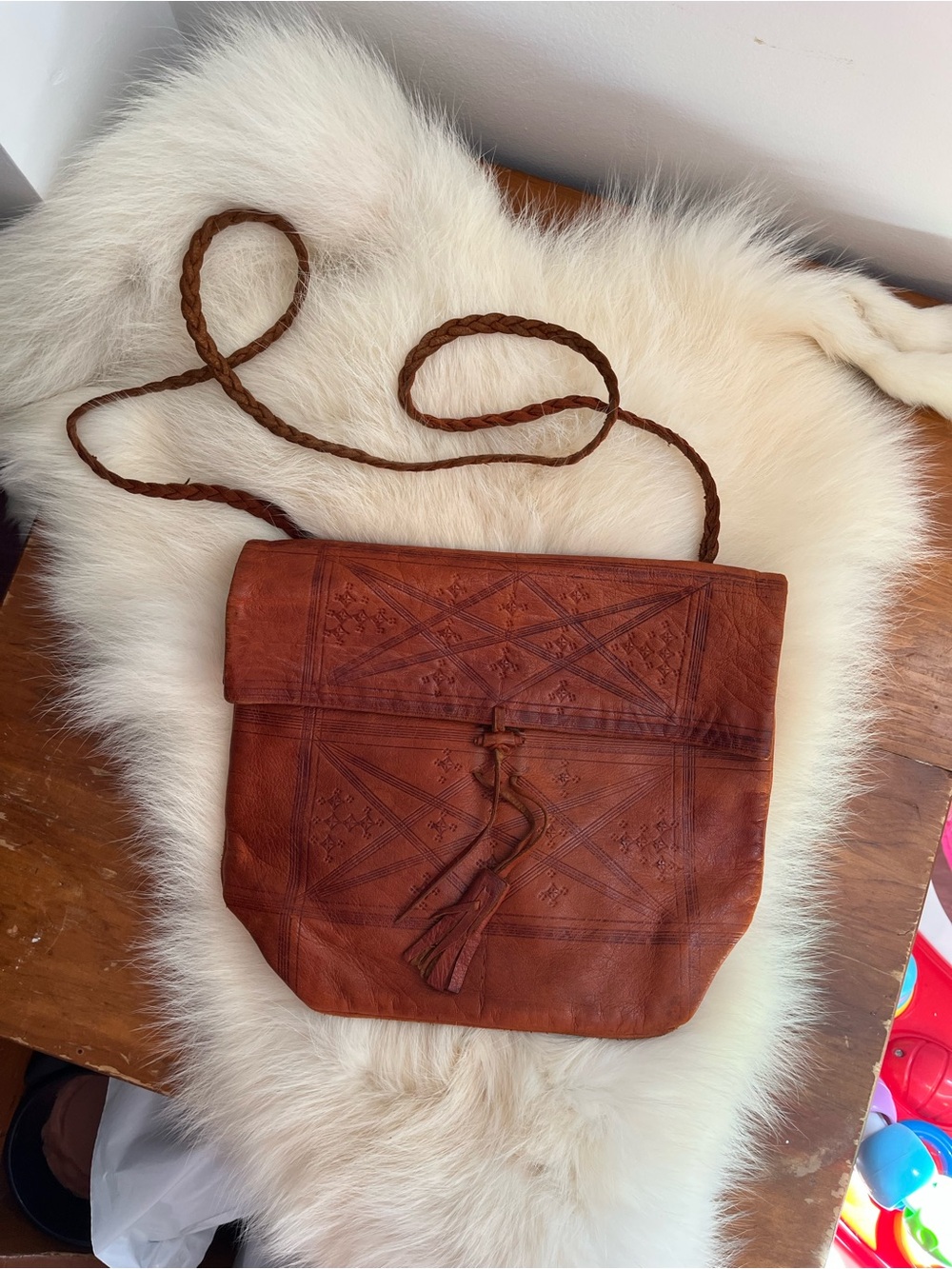 Vintage Authentic Brown Leather Crossbody Bag with Tassel Detail